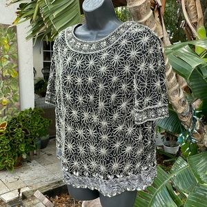 Adriana Papel floral beaded and sequin silk top